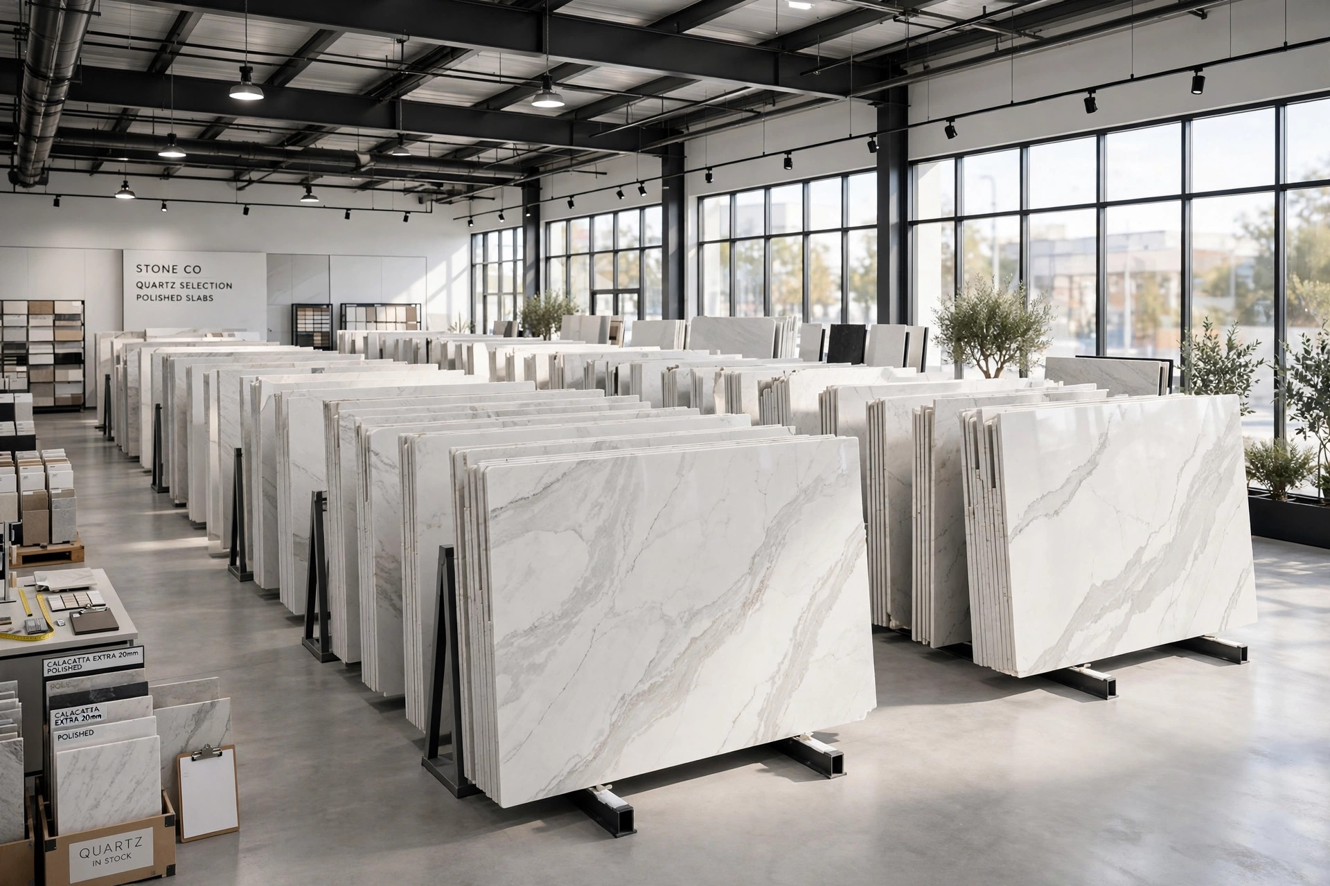 Marble slabs and polished quartz slabs in the Quan Stone showroom